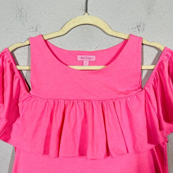 Lilly Pulitzer Ruffled Cold Shoulder Top Blouse Tee Pink - S - Picture 2 of 4